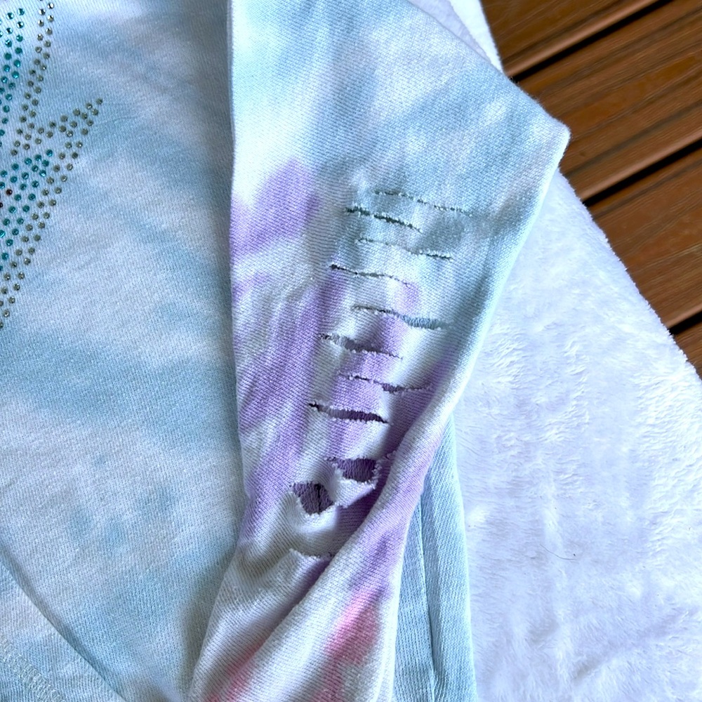 Girls’ Vintage Havana Tie Dye Distressed Lighting Bolt Rhinestone Hoodie 10/12 - Picture 5 of 10